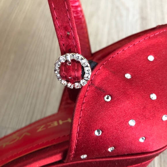Marchez Vous Red Heels with Rhinestones and Ankle Strap, Size 6 - Picture 6 of 13
